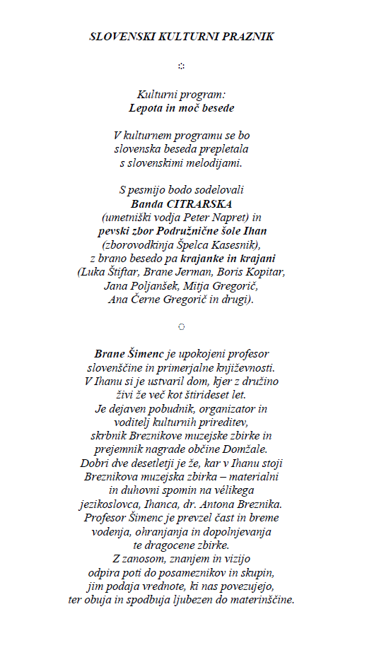 Program proslave ob slovenskem kulturnem prazniku